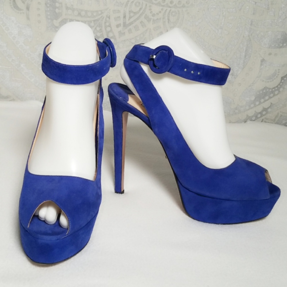 Prada Milano Blue Suede Peep Toe Pumps Heels 9.5